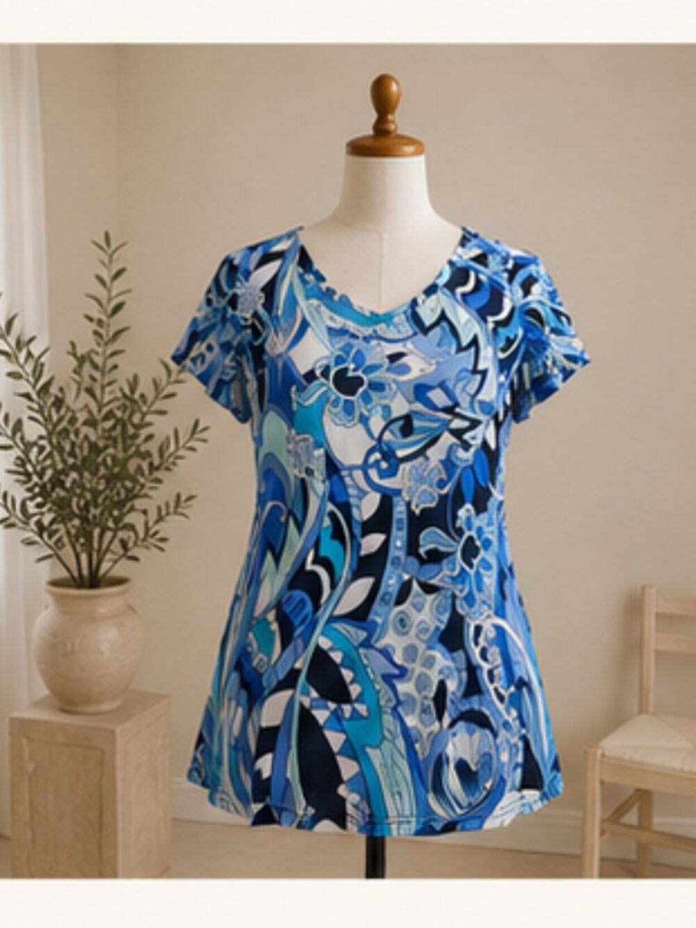 Susan Graver Blue Pucci Inspired Abstract Top 1X | Resort Luxe Print